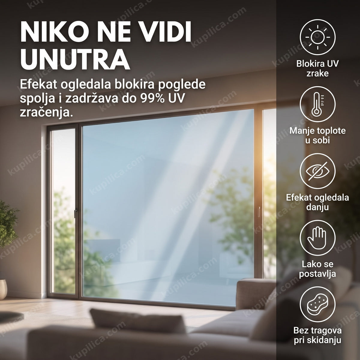 reflektujuća ogledalo folija za stakla na prozoru dnevne sobe