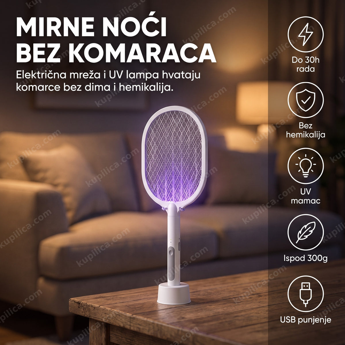 reket protiv komaraca sa UV lampom na postolju u dnevnoj sobi uveče