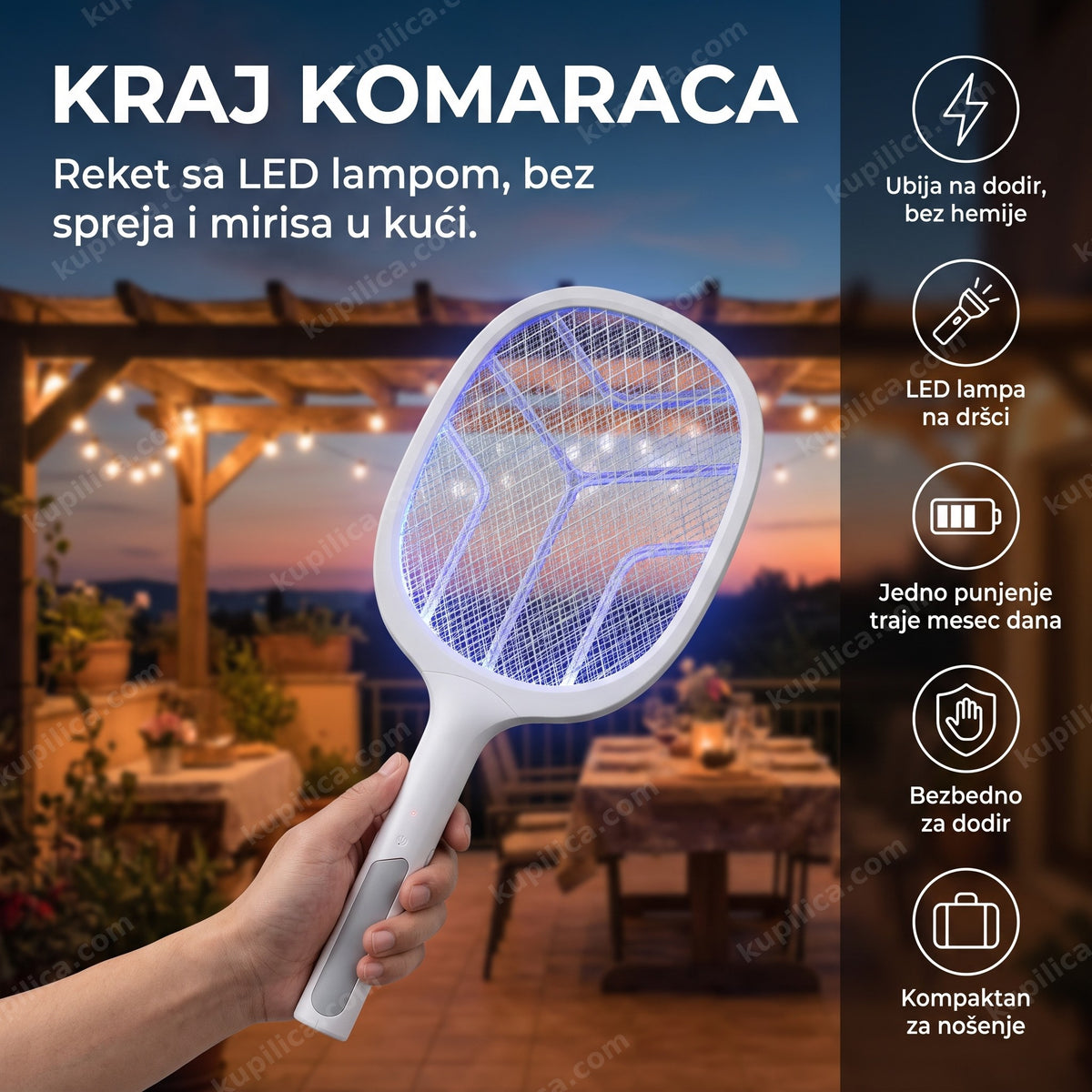 reket za komarce sa led lampom na terasi uveče, benefiti proizvoda