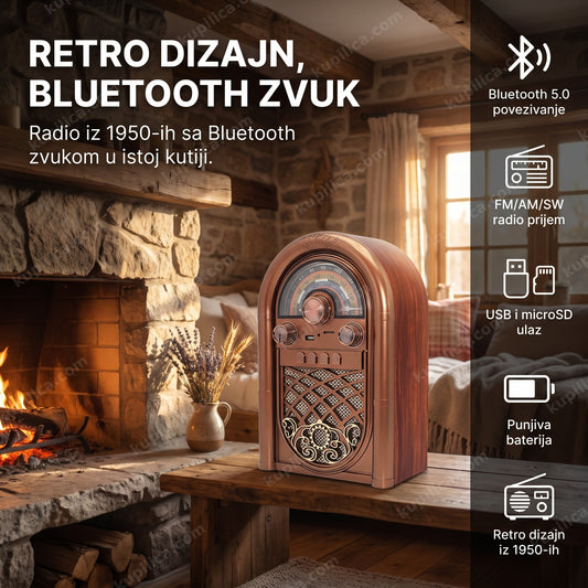 Retro bluetooth zvučnik na polici pored kamina u vikendici, benefiti proizvoda