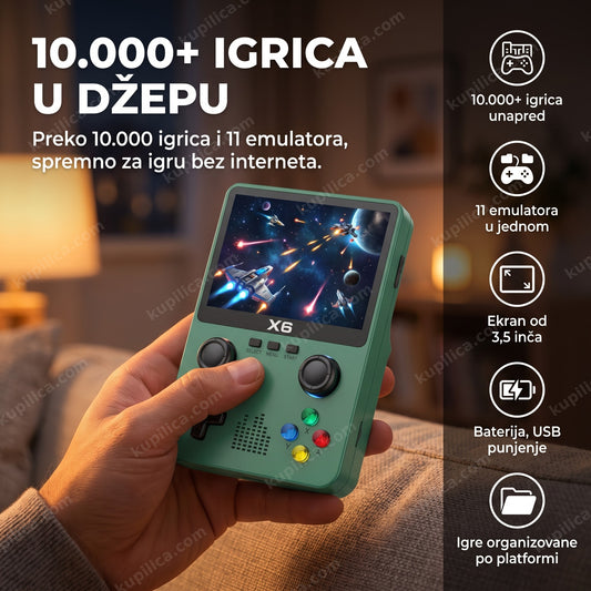 retro džepna konzola x6 u ruci na kauču, prikaz benefita proizvoda