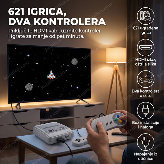 retro konzola sa hdmi izlazom i dva kontrolera povezana na televizor, prikaz benefita proizvoda