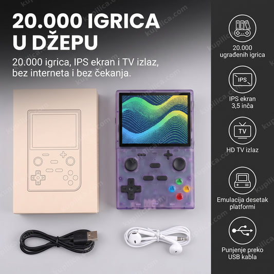 Retro konzola XGB35 sa kutijom i kablovima na neutralnoj podlozi, benefiti proizvoda