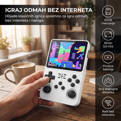 Retro igraća konzola na stolu pored šolje kafe, prikaz benefita proizvoda