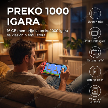 Odrasla osoba igra na prenosivoj retro konzoli X12 Plus sa 7-inčnim ekranom