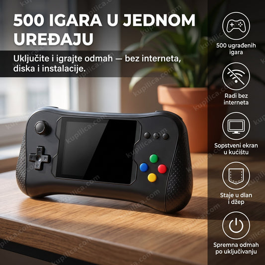 crno-crvena ručna retro konzola sa 500 igrica i ugašenim ekranom na stolu