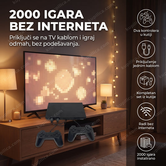 Retro igraća konzola sa dva kontrolera ispred televizora, benefiti proizvoda