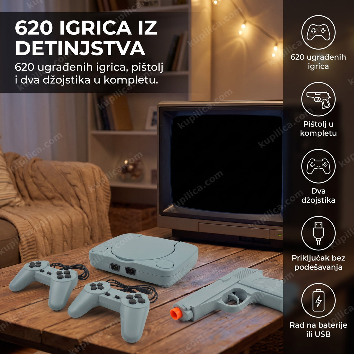 retro konzola sa pištoljem i 620 ugrađenih igrica povezana na televizor, benefiti proizvoda