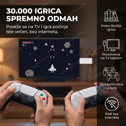 retro konzola x6 povezana na televizor sa dva kontrolera u dnevnoj sobi, benefiti proizvoda