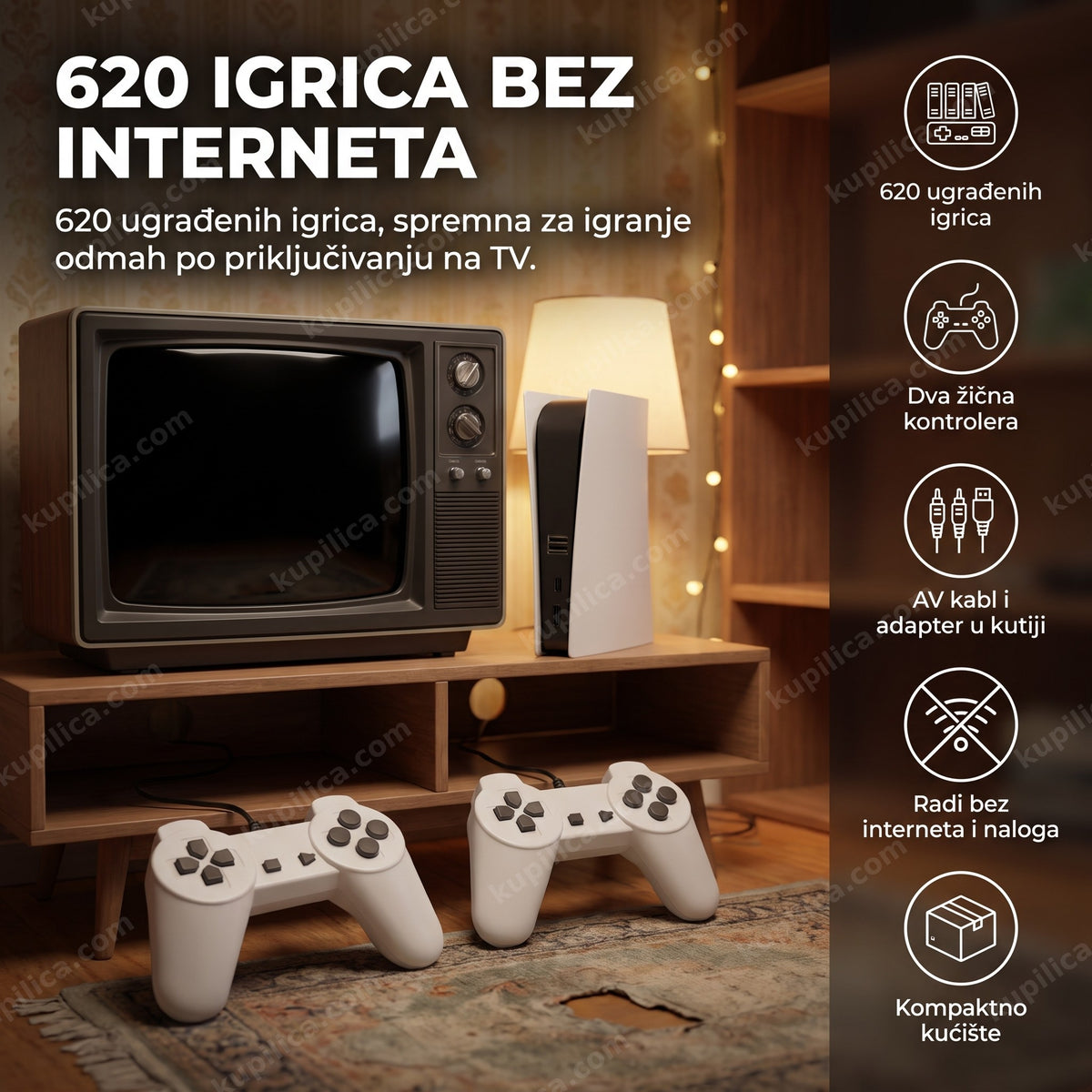 Retro konzola za decu i odrasle sa dva žična kontrolera pored starog TV-a