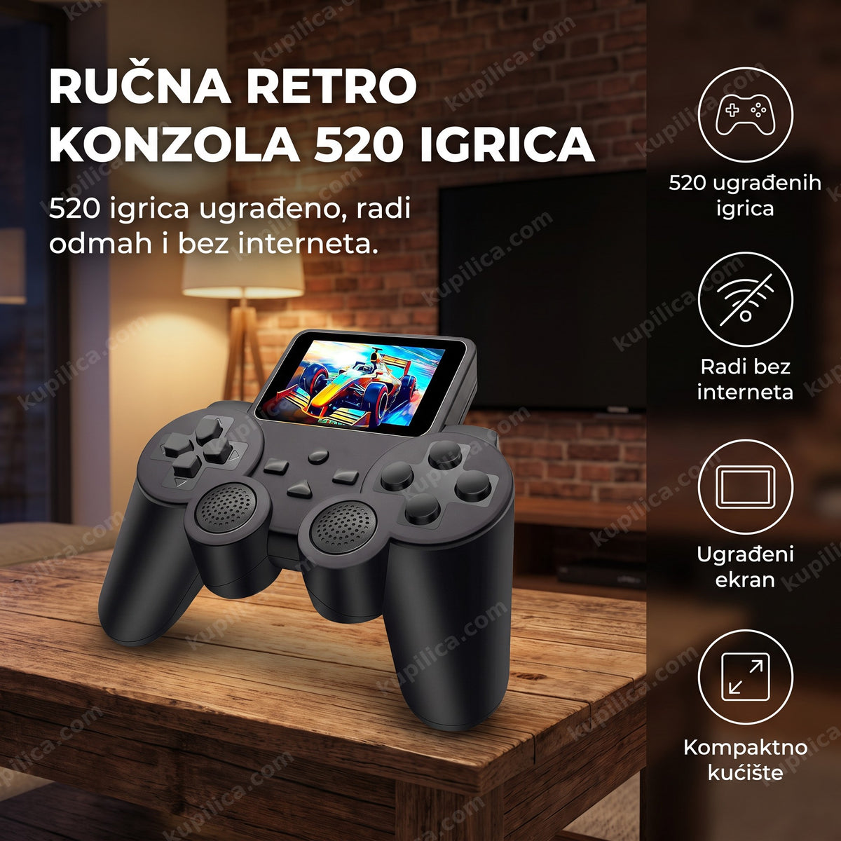 Ručna retro konzola sa 520 igrica i džojstikom pored TV-a, prikaz benefita