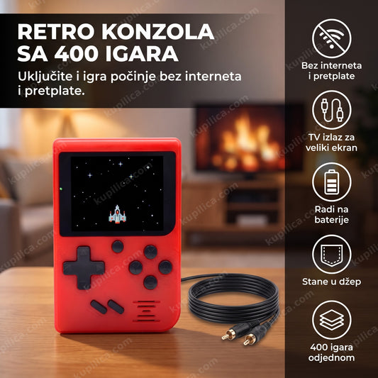 crvena retro prenosiva konzola sa igrom na ekranu i tv kablom pored, benefiti proizvoda
