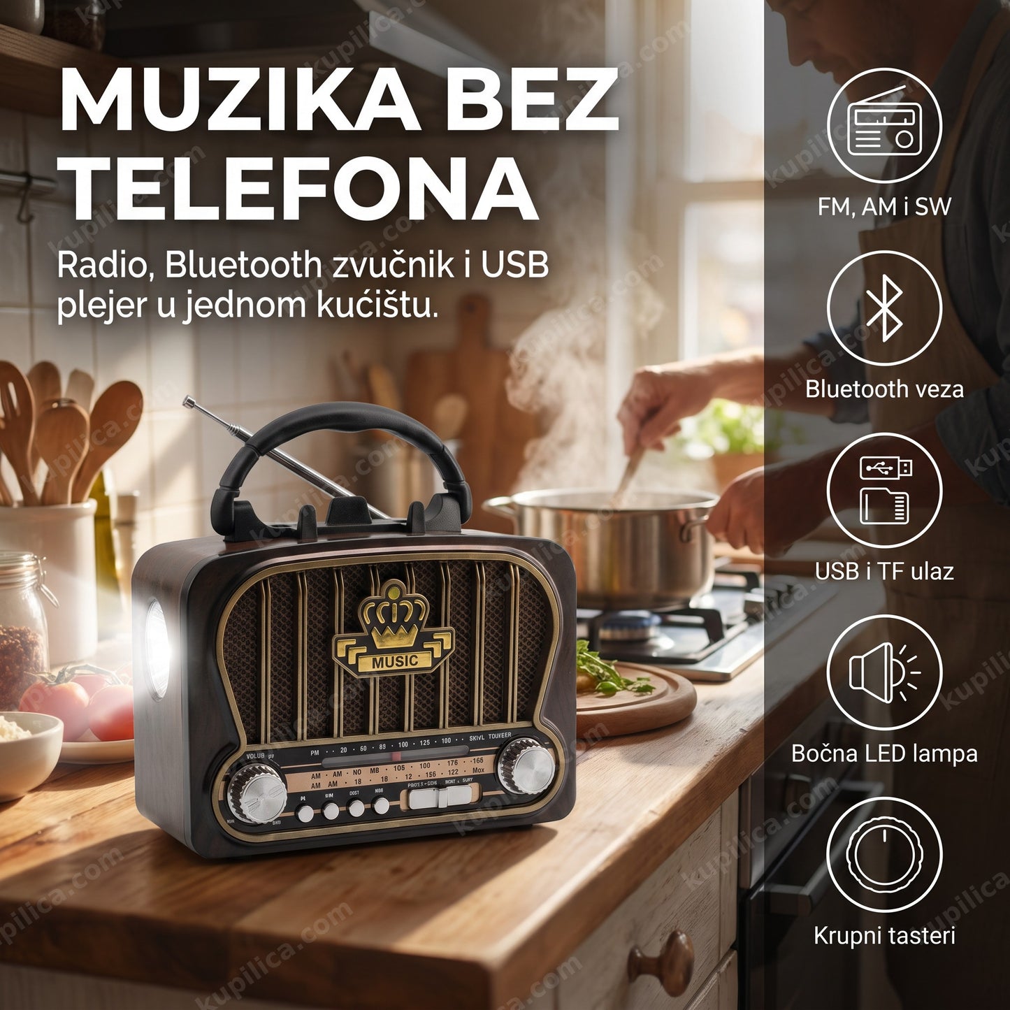 Retro radio Bluetooth YG-7092 na kuhinjskom stolu sa upaljenom LED lampom