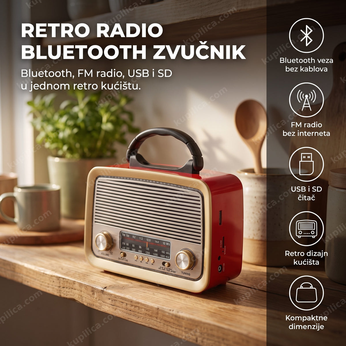 crveni retro radio bluetooth zvučnik na polici u kuhinji, benefiti proizvoda