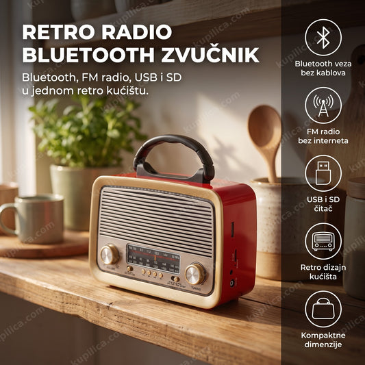 crveni retro radio bluetooth zvučnik na polici u kuhinji, benefiti proizvoda