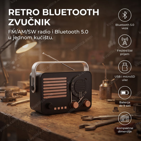 Crno-bakarni retro radio bluetooth zvučnik na radnom stolu u garaži, benefiti proizvoda