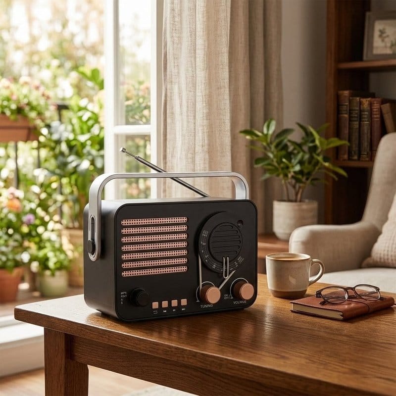 retro radio bluetooth zvučnik na drvenom stočiću u dnevnoj sobi pored biljaka
