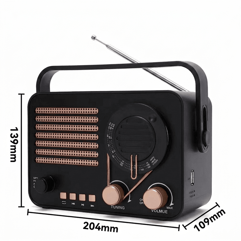 crni radio sa bakarnim detaljima i prikazanim dimenzijama 204 x 139 x 109 mm