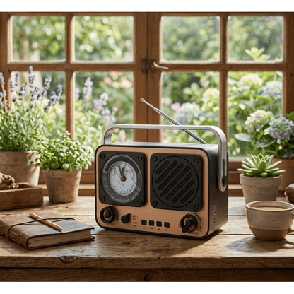 retro radio bluetooth zvučnik sa satom u drvenom kućištu na prozorskoj dasci