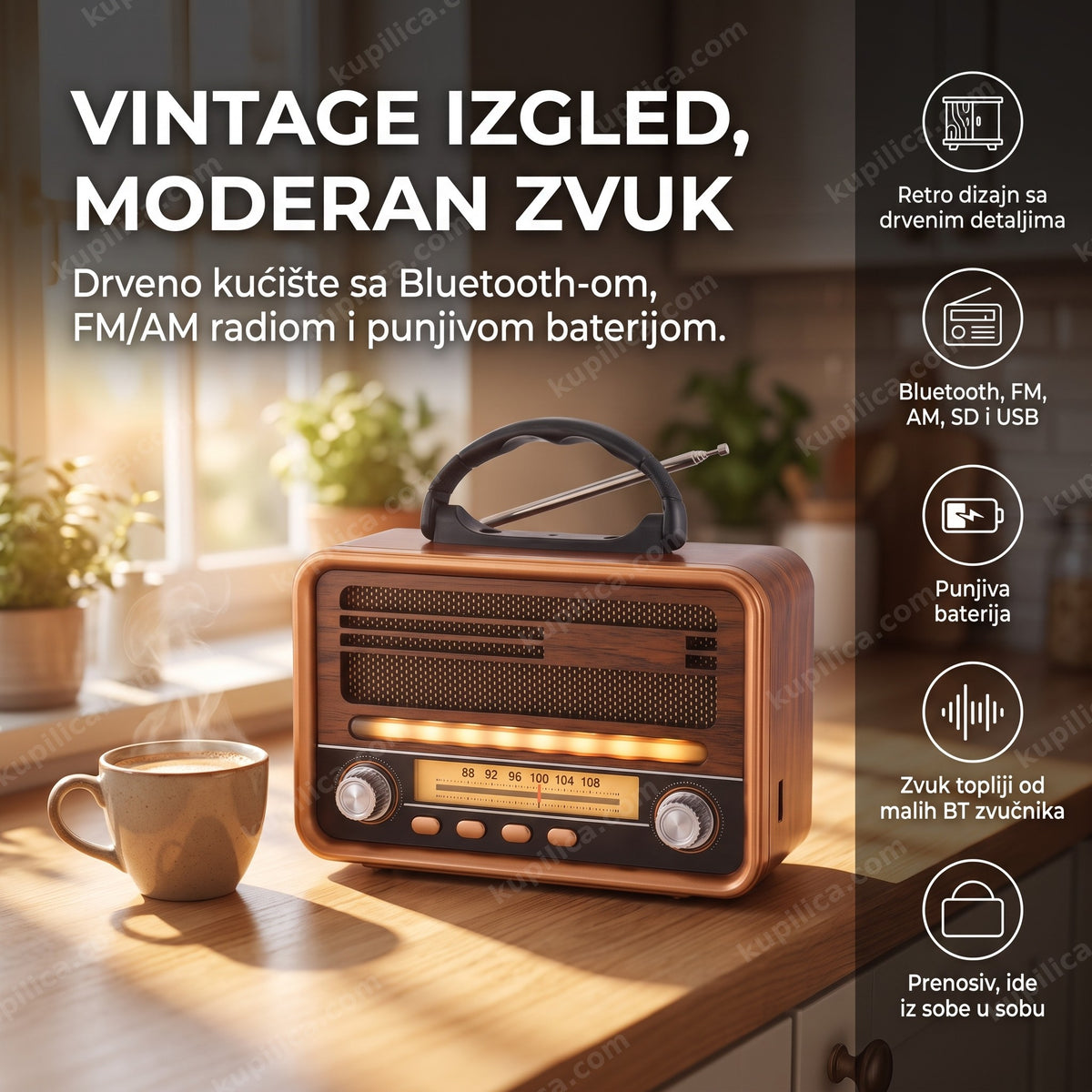 retro radio ns-7068bt sa bluetooth-om na kuhinjskom stolu uz kafu, benefiti proizvoda