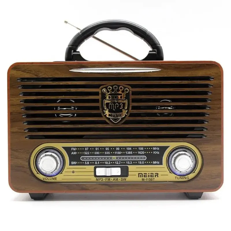 retro radio sa daljinskim upravljačem u drvenom kućištu, sa antenom i tasterima FM AM SW