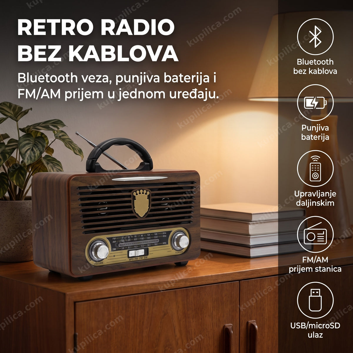 retro radio sa bluetoothom na drvenoj polici, toplo veče, benefiti proizvoda