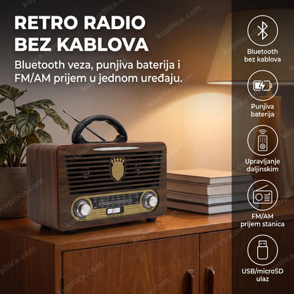 retro radio sa bluetoothom na drvenoj polici, toplo veče, benefiti proizvoda