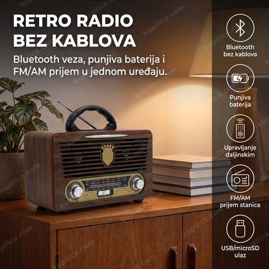 retro radio sa bluetoothom na drvenoj polici, toplo veče, benefiti proizvoda