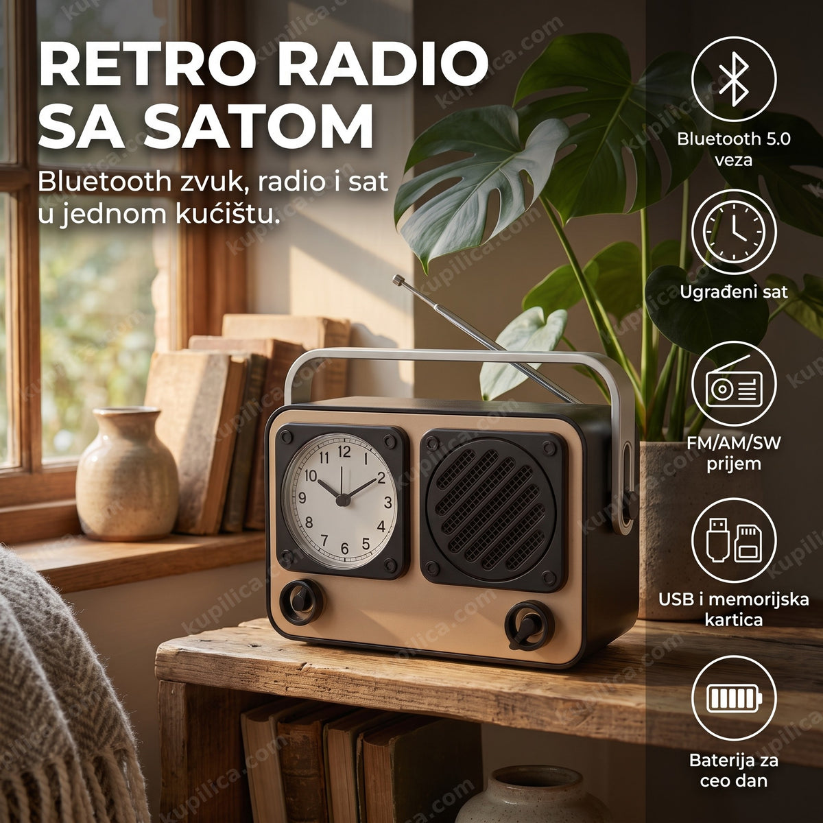 Retro radio bluetooth zvučnik sa satom na polici pored biljke, benefiti proizvoda