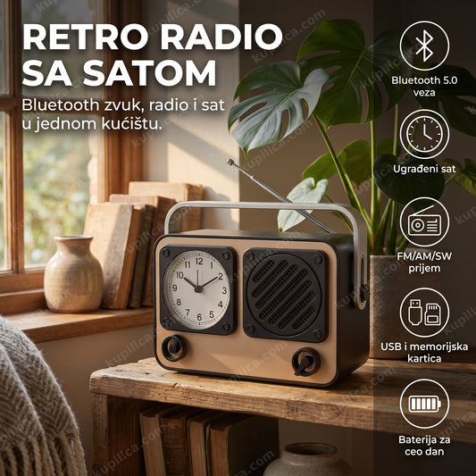 Retro radio bluetooth zvučnik sa satom na polici pored biljke, benefiti proizvoda