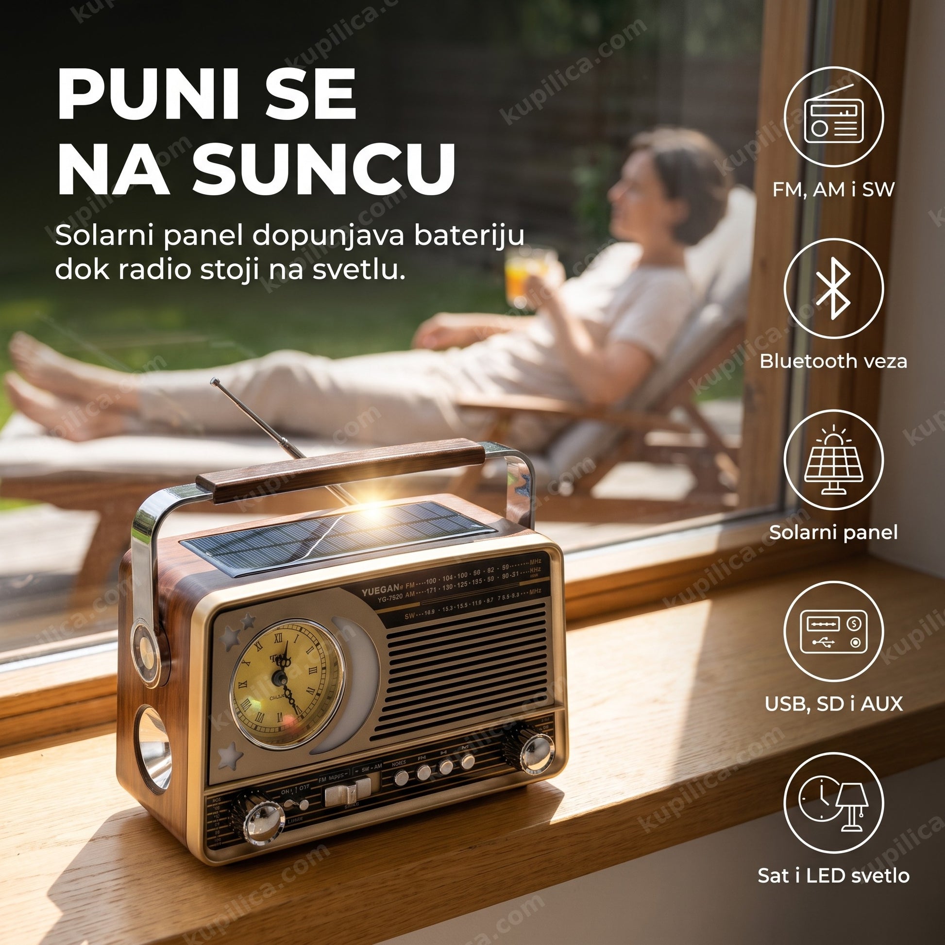 Retro Bluetooth radio sa solarnim panelom YG-7030 BTS na terasi