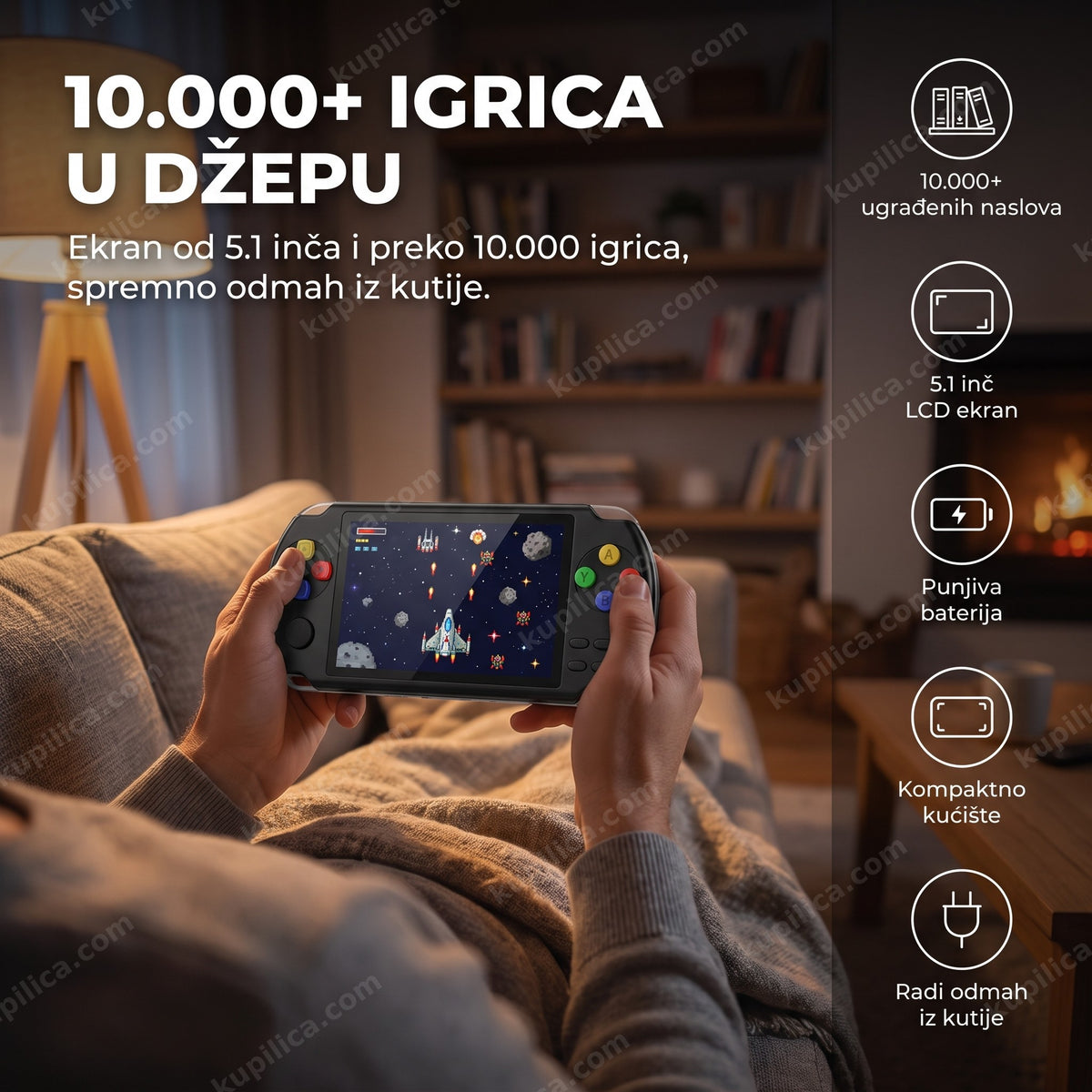 retro ručna konzola sa 10000 igrica u rukama na kauču uveče, benefiti proizvoda