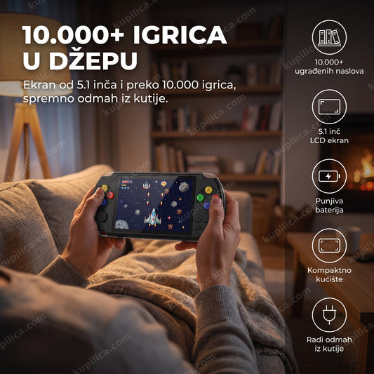 retro ručna konzola sa 10000 igrica u rukama na kauču uveče, benefiti proizvoda