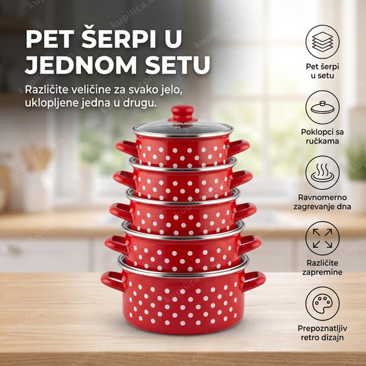pet crvenih retro šerpi sa belim tufnama, komplet od pet komada uglavljenih jedna u drugu