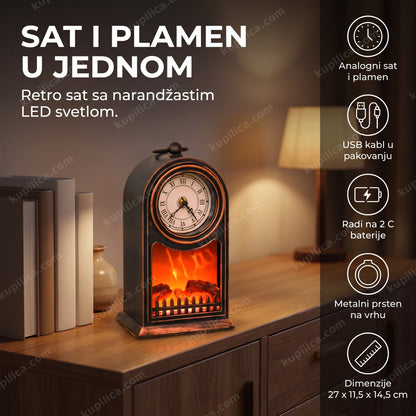 retro stoni sat sa efektom kamina i narandžastim plamenom na komodi uveče