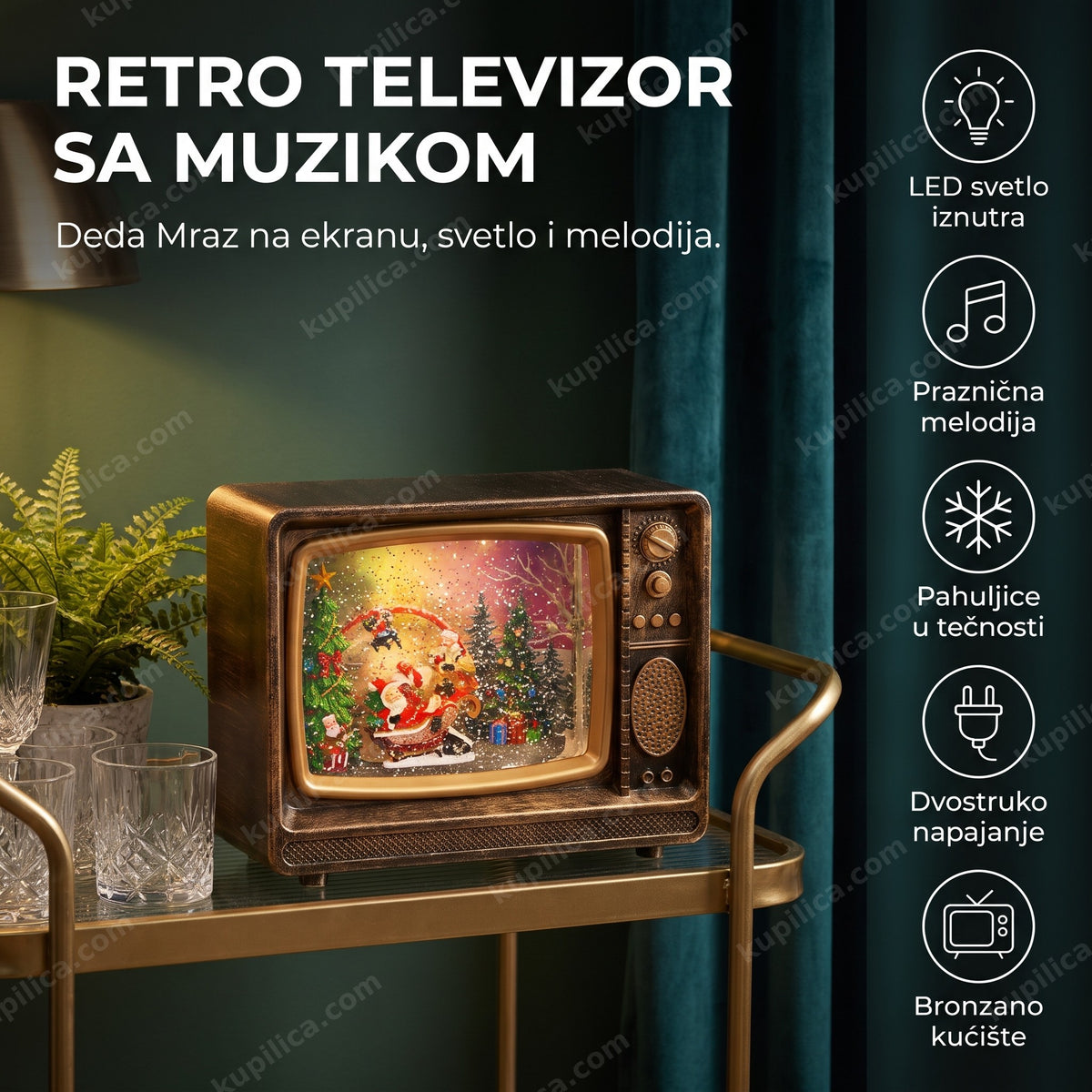 retro televizor novogodišnji ukras sa Deda Mrazom na ekranu na kolicima kućnog bara