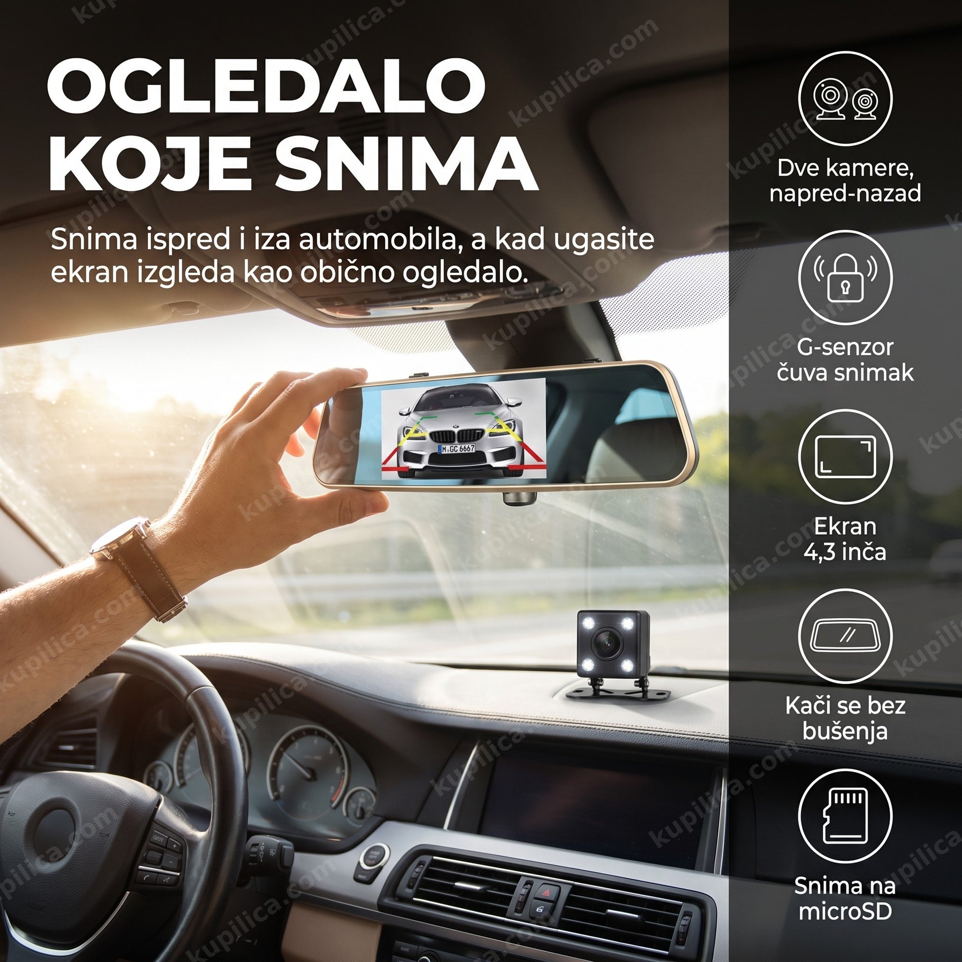 retrovizor kamera za auto — vozač montira DVR kameru preko retrovizora, ekran prikazuje put