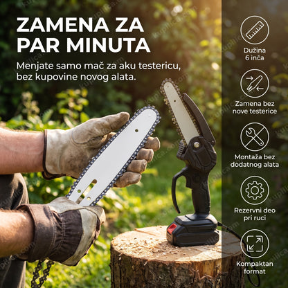 Rezervni mač za aku testericu na panju drveta u bašti, prikaz benefita proizvoda