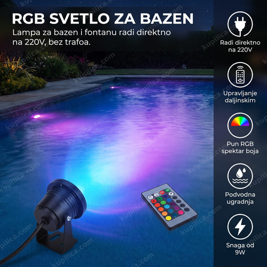 RGB LED lampa osvetljava bazen iznutra noću, benefiti proizvoda