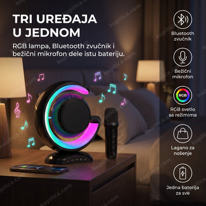 Crna RGB lampa sa Bluetooth zvučnikom i mikrofonom na noćnom stočiću – benefiti proizvoda