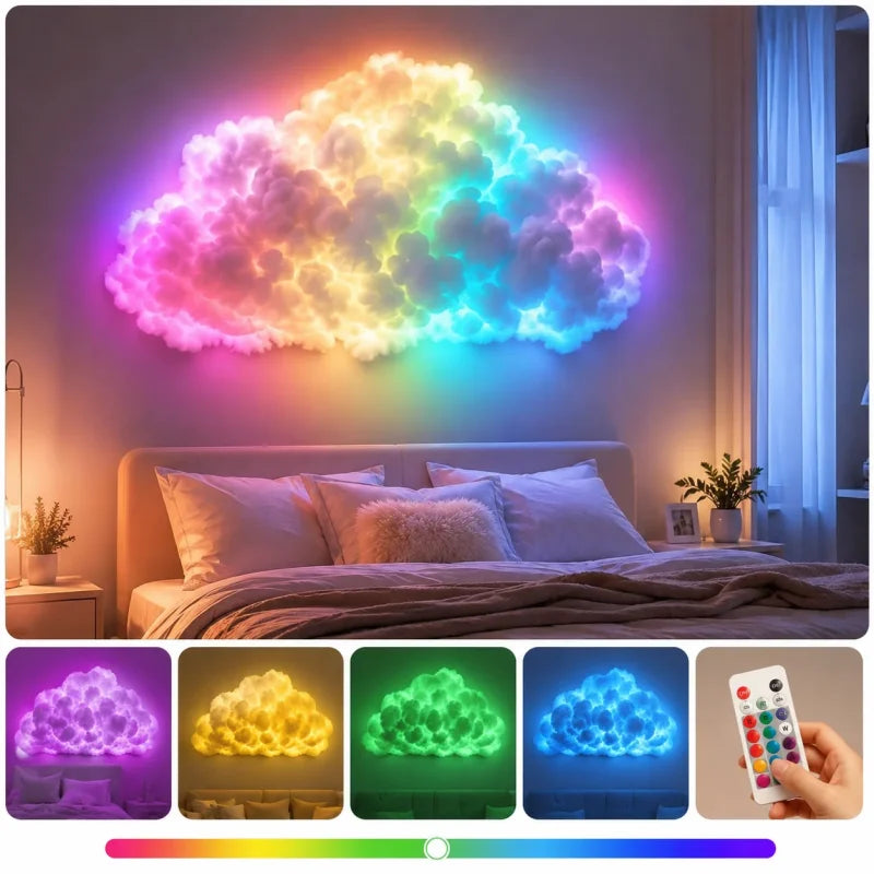 3D LED lampa oblak u duginim bojama iznad kreveta u spavaćoj sobi