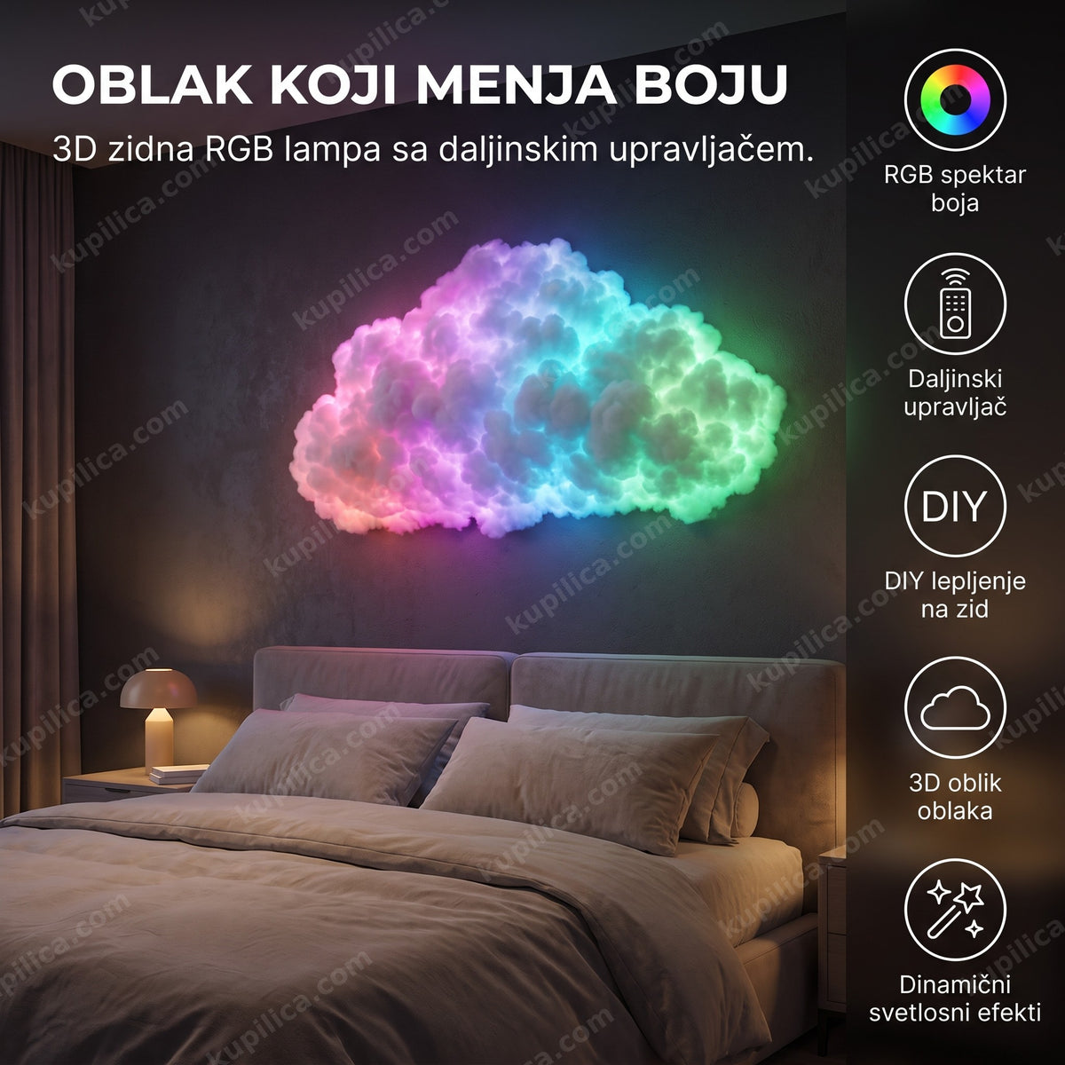 3D RGB LED lampa u obliku oblaka na zidu iznad kreveta