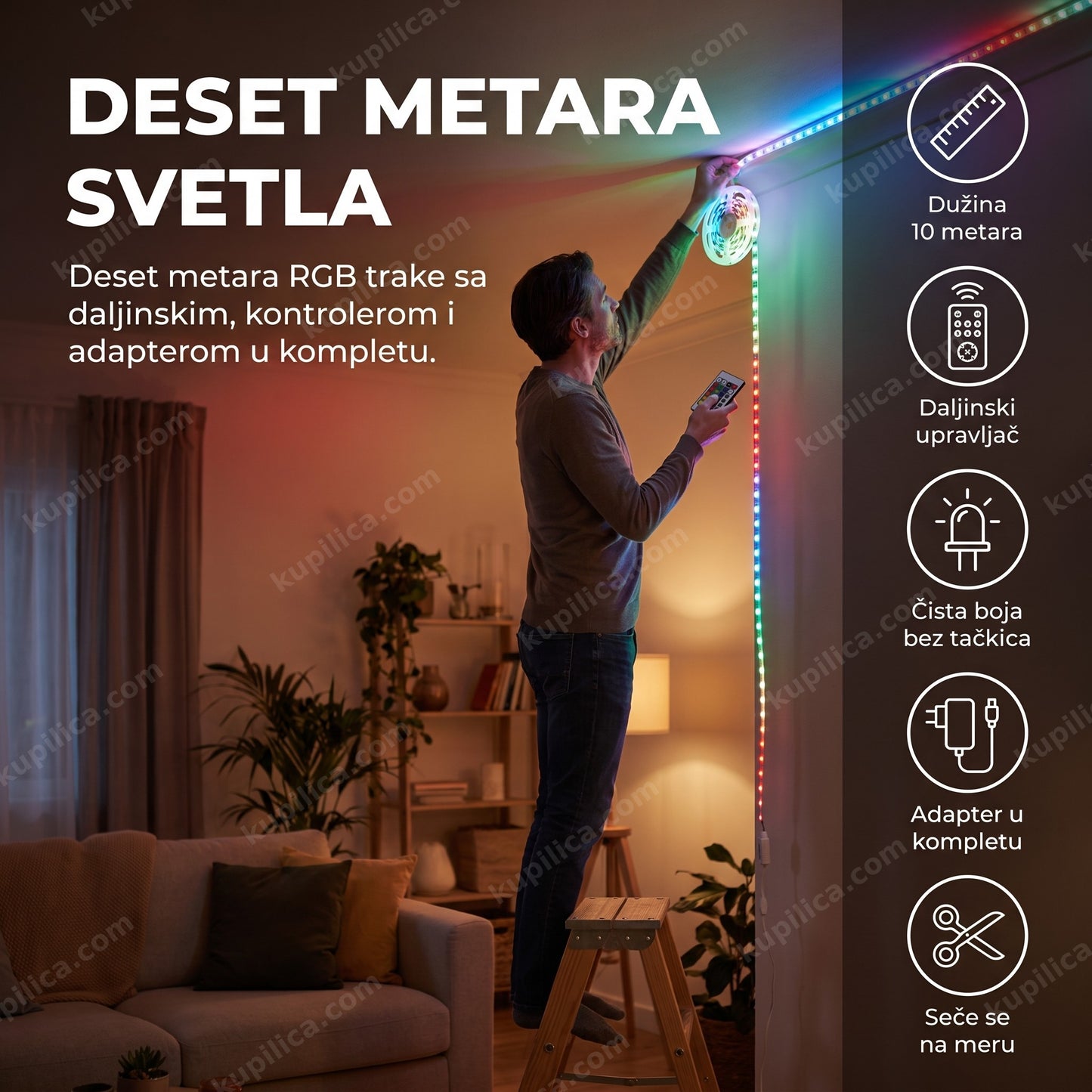 RGB LED traka 5050 SMD 10m Vi278 postavljena uz ivicu plafona