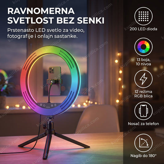 RGB prstenasto LED svetlo na stativu sa telefonom u nosaču osvetljava kućni radni sto