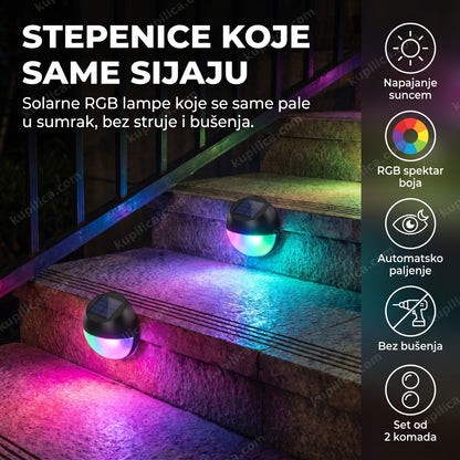 RGB solarne lampe u boji na spoljnim stepenicama noću, set od 2 komada