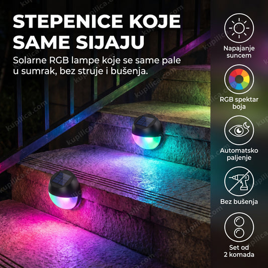 RGB solarne lampe u boji na spoljnim stepenicama noću, set od 2 komada