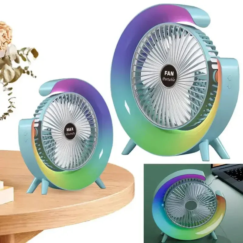 stoni ventilator sa RGB svetlom u dve veličine na drvenom stolu