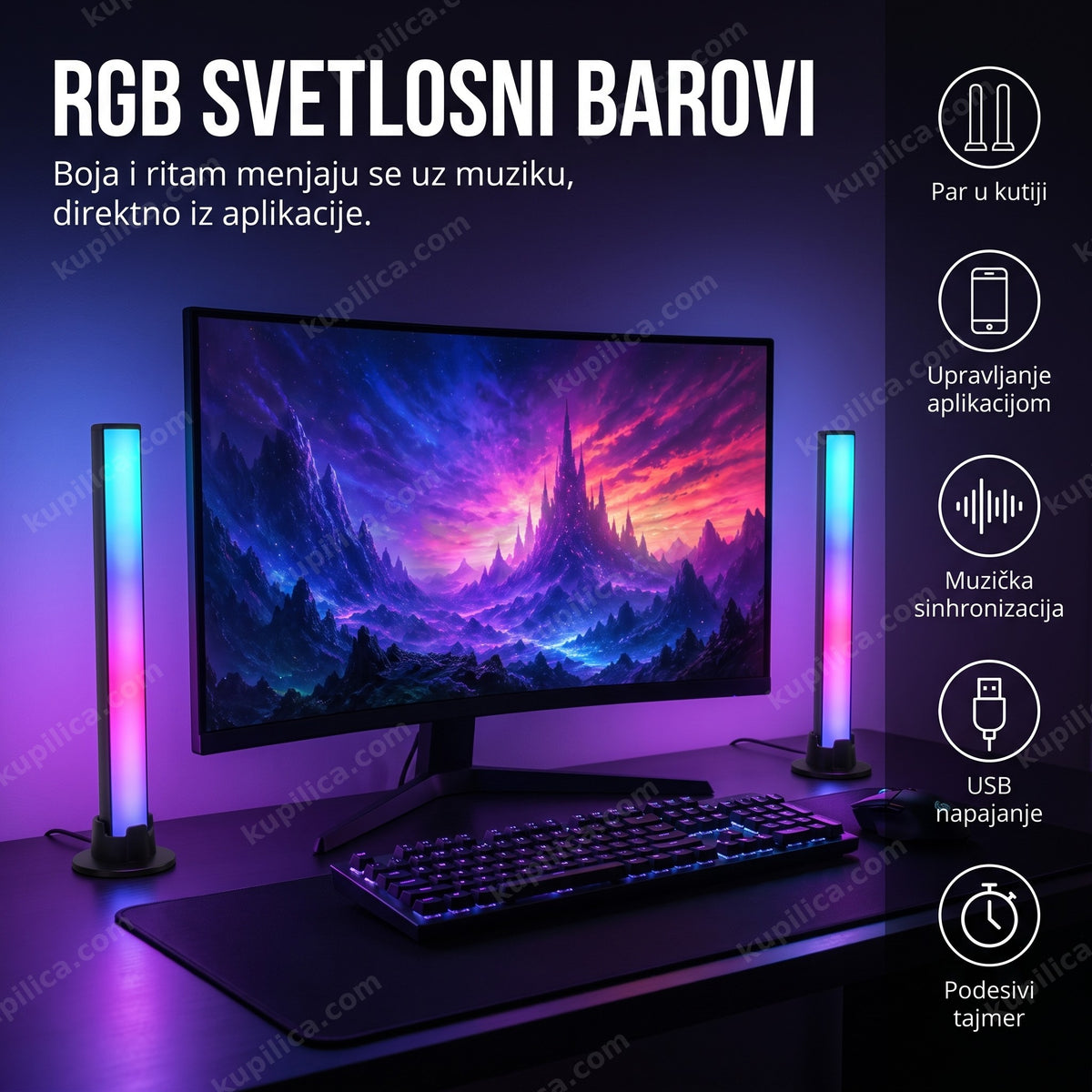 Dva RGB svetlosna bara pored gejmerskog monitora u šarenim bojama, prikaz benefita proizvoda