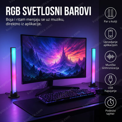Dva RGB svetlosna bara pored gejmerskog monitora u šarenim bojama, prikaz benefita proizvoda