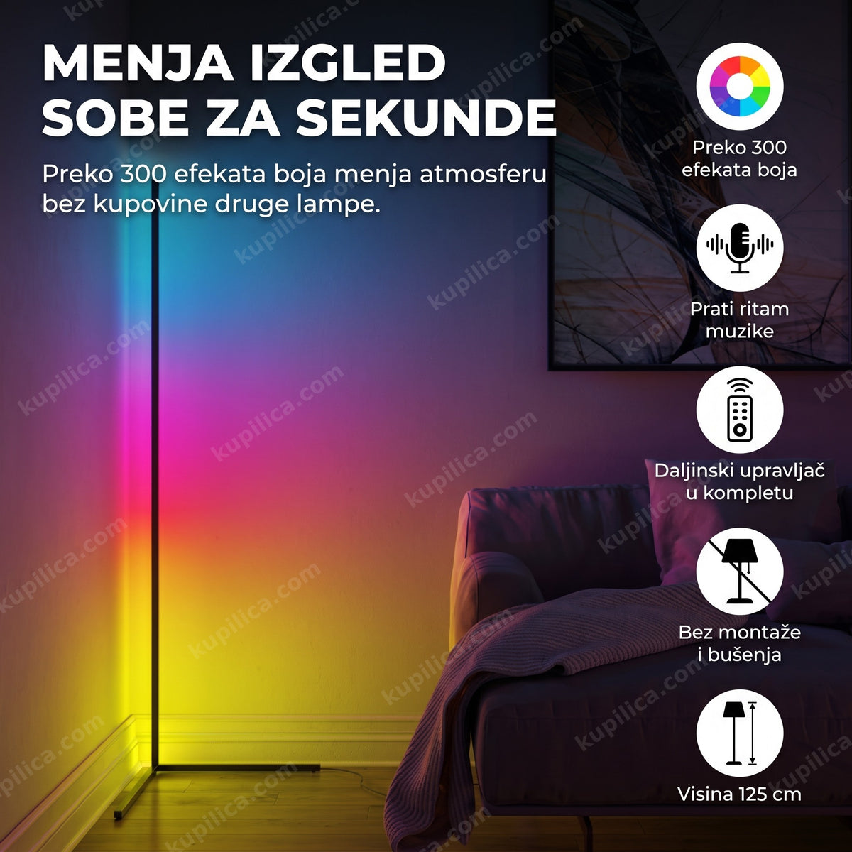 rgb ugaona lampa sa šarenim svetlom u uglu dnevne sobe, benefiti proizvoda